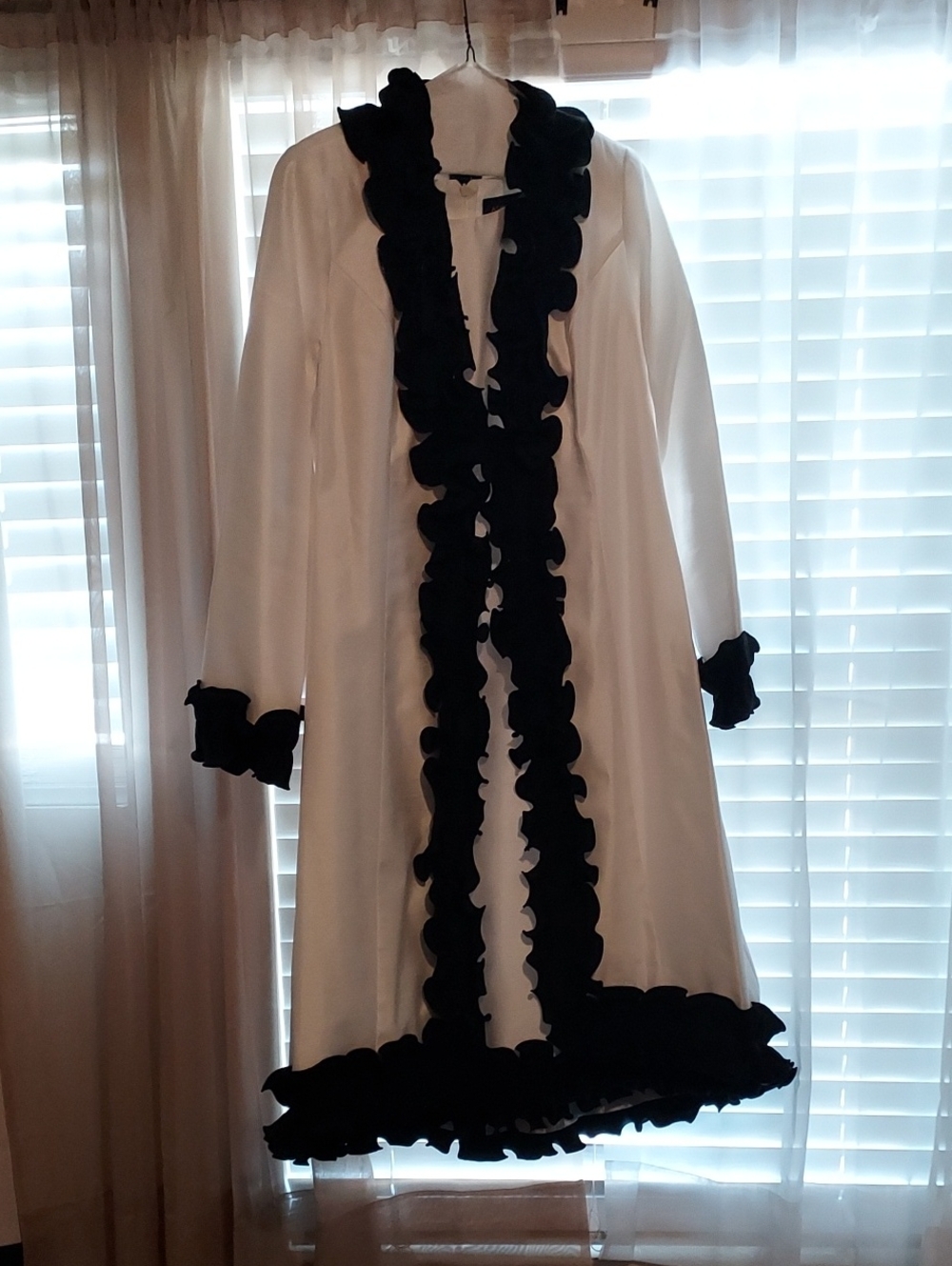 White Satin Long Coat/Dress with Black Ruffle Trim - Women's Formal Wear